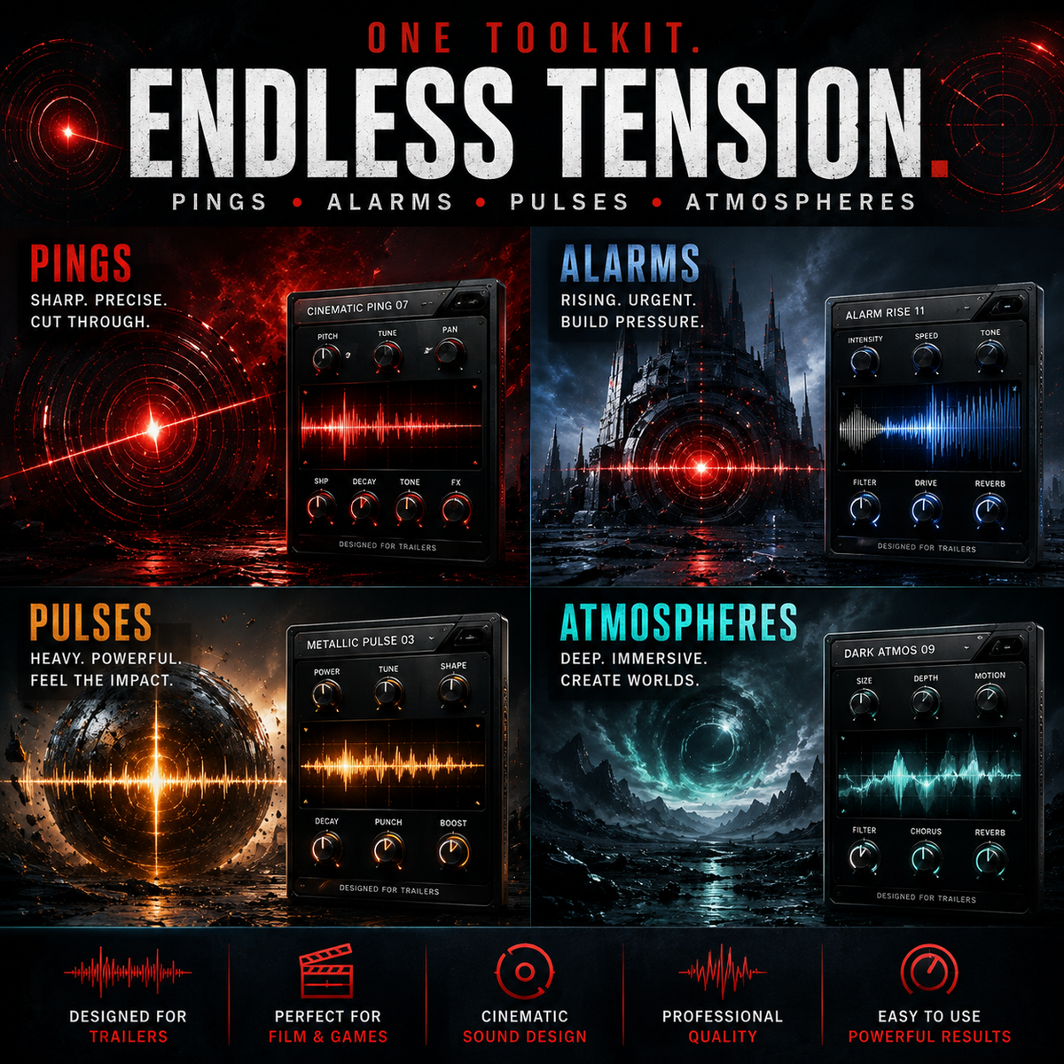 Cinematic Kontakt sound design presets showing varied pings, alarms, pulses and atmospheric trailer styles