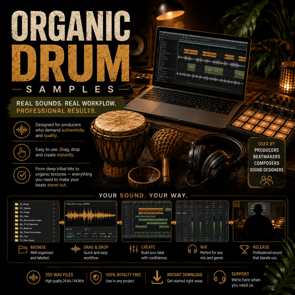 Promotional graphic for a digital sample pack titled 'ORGANIC DRUM SAMPLES' with a laptop showing audio software, a djembe drum, a mace, headphones, and a sampler, over a dark warm background with feature callouts and logos.