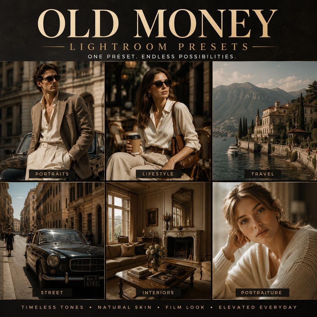 Promotional graphic for 'Old Money Lightroom Presets' showing a six-panel collage of warm, sepia-toned lifestyle and portrait photographs with text labels such as Portraits, Lifestyle, Travel, Street, Interior, and Portraiture. The top banner reads 'OLD MONEY LIGHTROOM PRESETS' on a dark background.