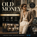 Promotional graphic for Old Money Lightroom Presets, showing a man in a beige suit leaning against a vintage car in an upscale outdoor setting. The image includes text highlighting film look, natural skin tones, rich colors, and easy customization, with mockups of the preset interface on a laptop and phone.