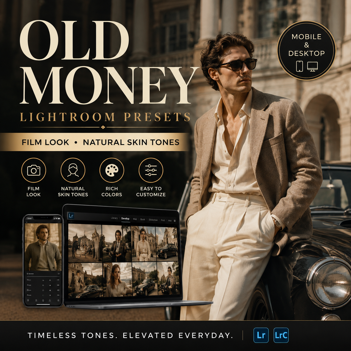 Promotional graphic for Old Money Lightroom Presets, showing a man in a beige suit leaning against a vintage car in an upscale outdoor setting. The image includes text highlighting film look, natural skin tones, rich colors, and easy customization, with mockups of the preset interface on a laptop and phone.