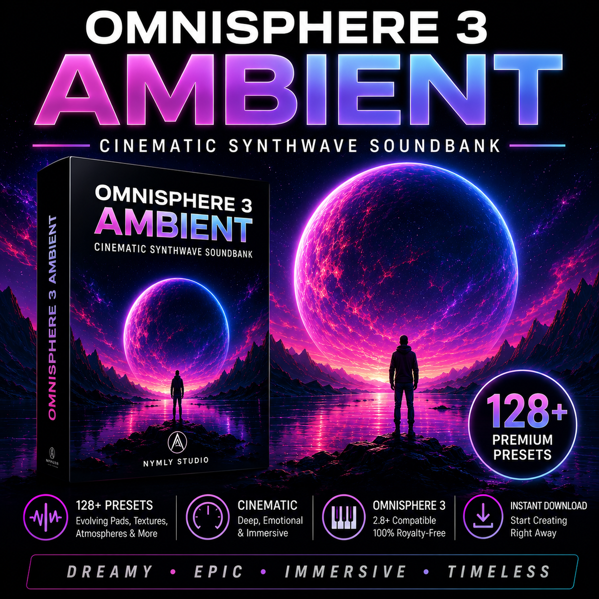 Promotional graphic for the Omnisphere 3 Ambient cinematic synthwave soundbank, featuring a stylized box cover, a large glowing planet, silhouetted figures, and feature icons including 128+ presets, cinematic mood, Omnisphere 3 compatibility, and instant download.