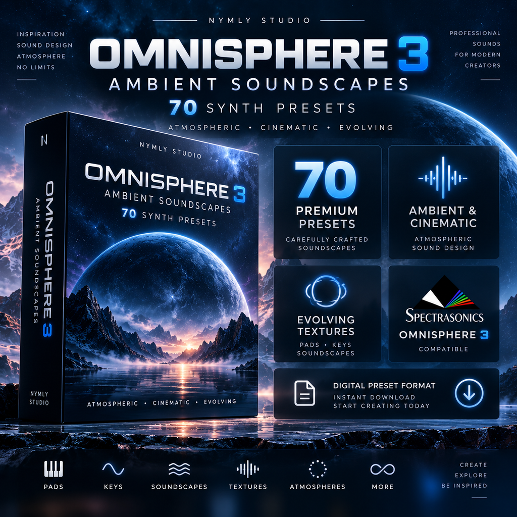 70 Omnisphere 3 ambient synth presets with cinematic soundscapes, evolving textures, pads, keys, and Spectrasonics compatibility.