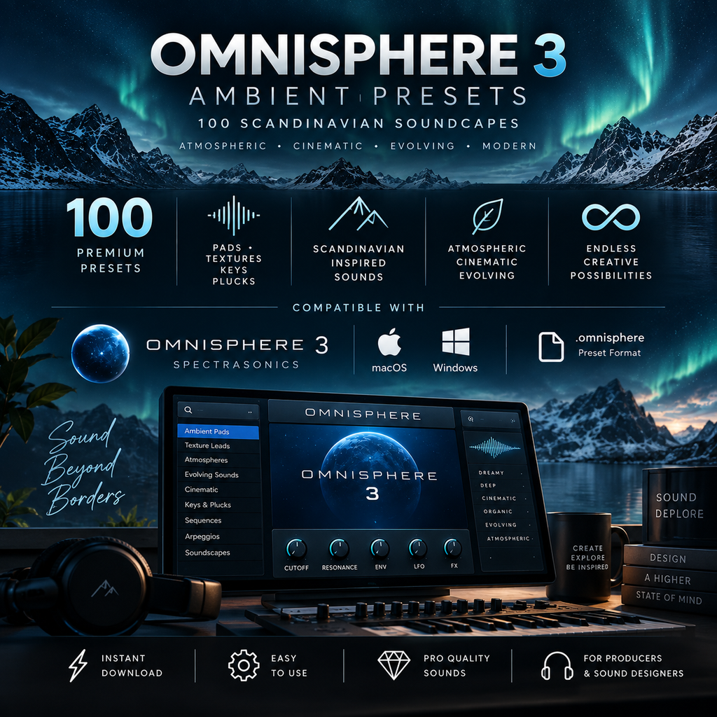 Promotional graphic for Omnisphere 3 Ambient Presets, showing a dark mountain landscape with aurora lights, large title text, feature callouts, compatibility logos for Omnisphere 3, macOS, Windows, and the omnisphere Private Forum, and a laptop displaying the preset interface.