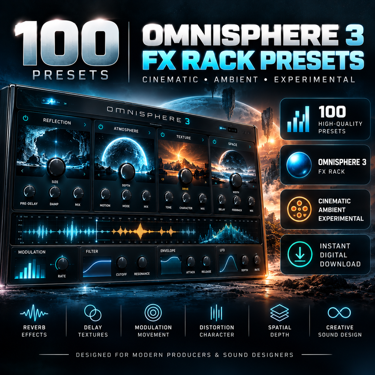 100 Omnisphere 3 FX Rack presets featuring cinematic, ambient, and experimental sound effects