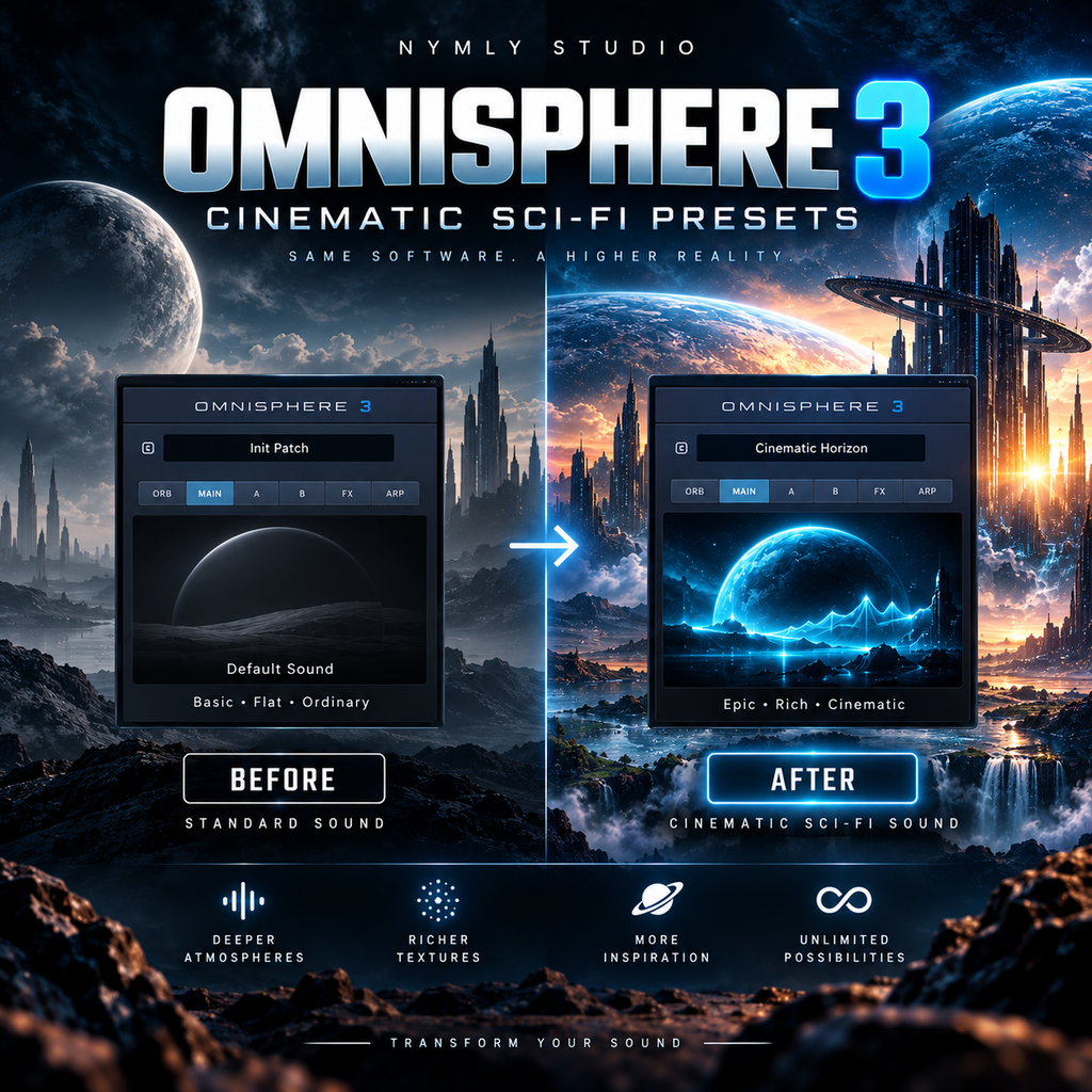 Promotional graphic for Omnisphere 3 cinematic sci-fi presets by Nymly Studio, showing a before-and-after comparison of audio preset panels over a dramatic space landscape with planets and futuristic cityscapes.