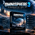 Promotional graphic for Omnisphere 3 Cinematic Sci-Fi Presets by Nymly Studio, showing a dark sci-fi themed software box in the center with planets, a futuristic city, and feature icons along the right side.