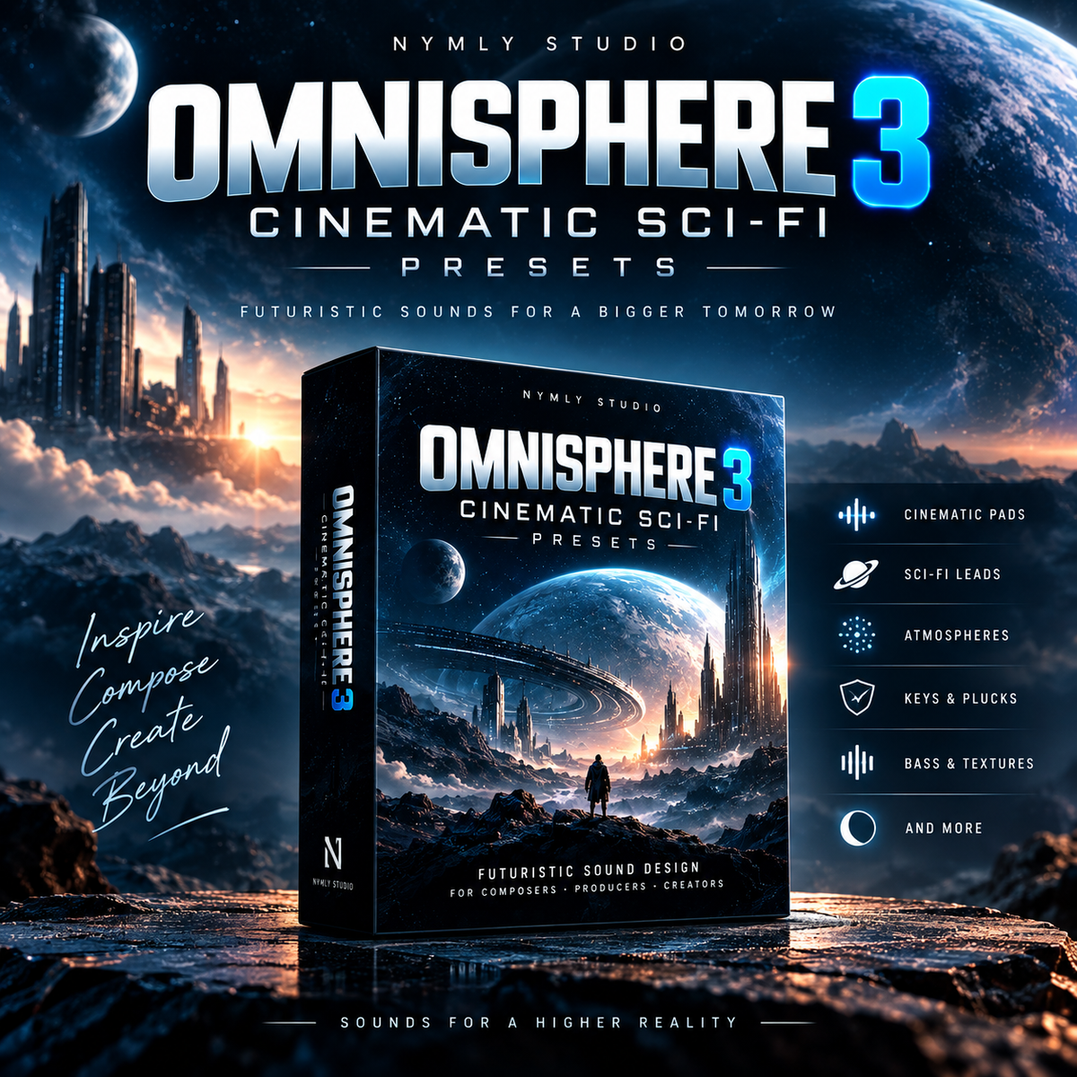 Promotional graphic for Omnisphere 3 Cinematic Sci-Fi Presets by Nymly Studio, showing a dark sci-fi themed software box in the center with planets, a futuristic city, and feature icons along the right side.