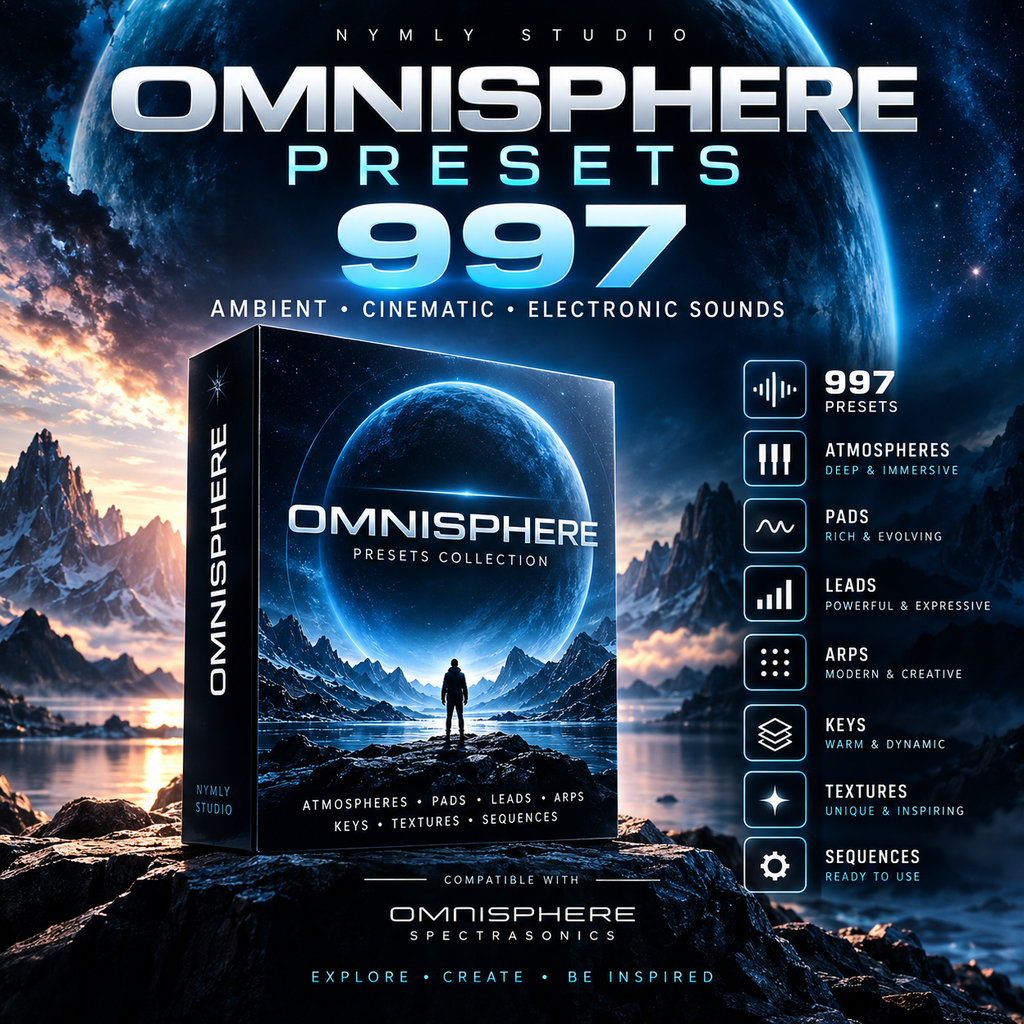Promotional cover art for Omnisphere Presets 997 by Nymly Studio, showing a software preset pack box with sci-fi artwork of a planet and mountains, plus feature callouts for atmospheres, pads, leads, arps, keys, textures, sequences, and compatibility with Synthesizer.