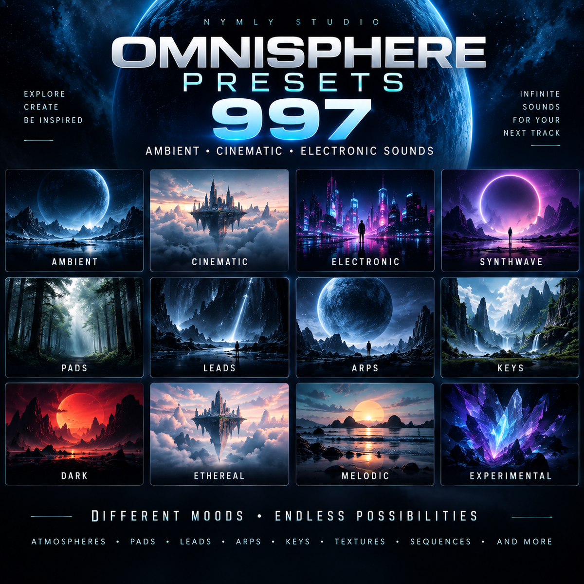 Promotional graphic for Omnisphere Presets 997 by Nymly Studio, showing a grid of futuristic sci-fi and ambient soundscapes in blue, purple, pink, and orange tones. Text highlights categories like Ambient, Cinematic, Electronic, Synthwave, Pads, Leads, Arps, Keys, Dark, Ethereal, Melodic, and Experimental.
