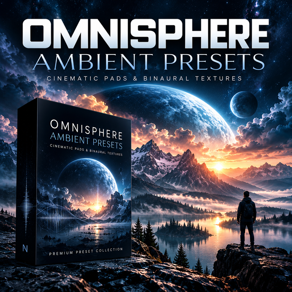 Omnisphere ambient presets featuring cinematic pads, immersive binaural textures, and atmospheric sci-fi soundscapes.