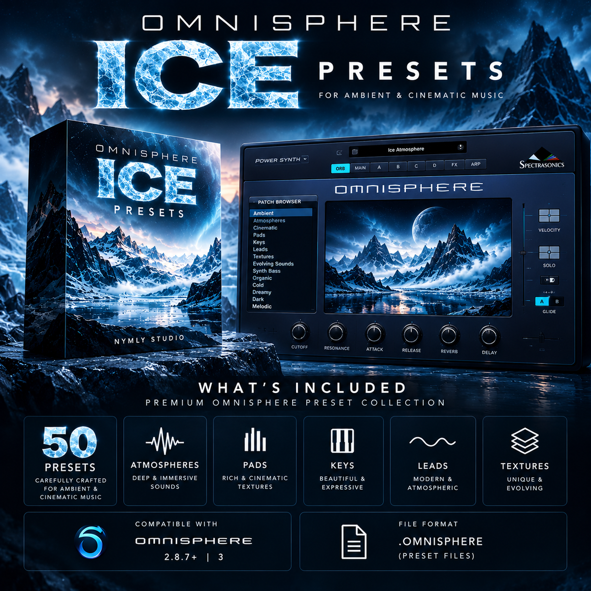 Promotional graphic for Omnisphere Ice Presets, showing a software box cover, the Omnisphere interface with icy mountain artwork, feature icons, and compatibility text for Synwave Studio and Spectracore.