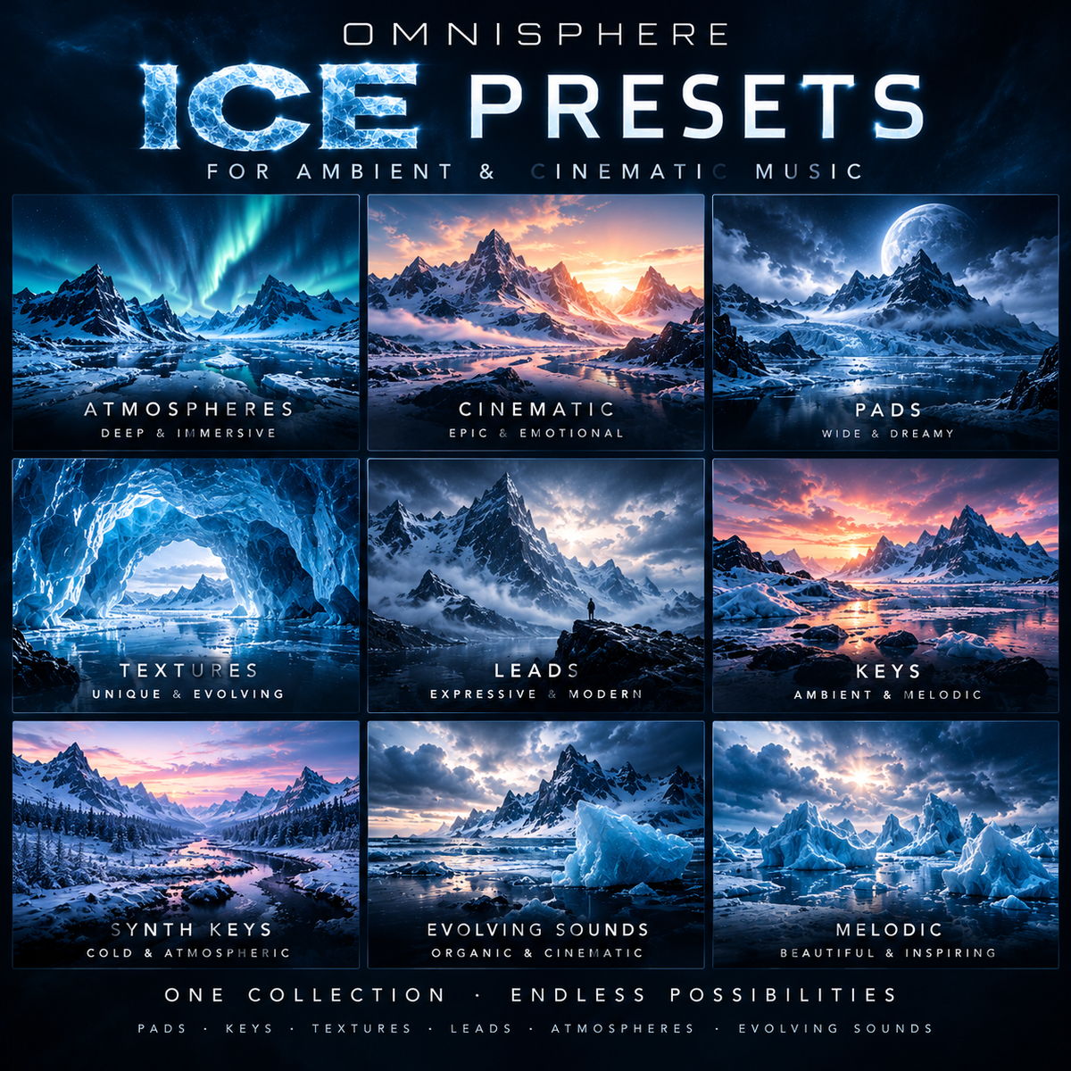 Promotional graphic for 'Omnisphere Ice Presets' showing a 3x3 grid of icy, mountainous, and aurora-style music presets with labels such as Atmospheres, Cinematic, Pads, Textures, Leads, Keys, Synth Keys, Evolving Sounds, and Melodic.