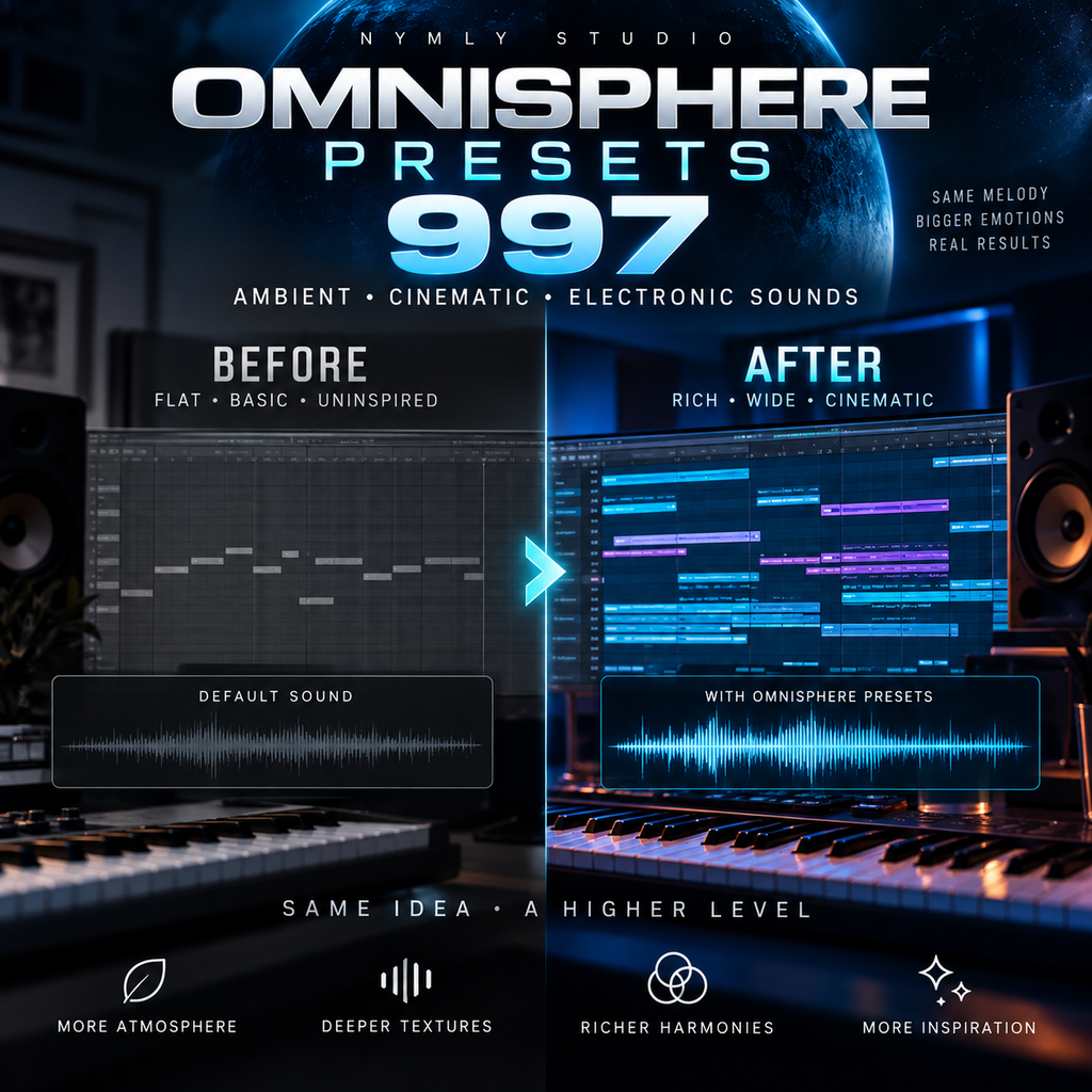 Promotional graphic for 'Omnisphere Presets 997' by Nymly Studio, showing a before-and-after comparison of audio waveform editing on a keyboard interface. The left side is labeled 'Flat • Basic • Uninspired' and the right side 'Rich • Wide • Cinematic' with the text 'With Omnisphere Presets'.