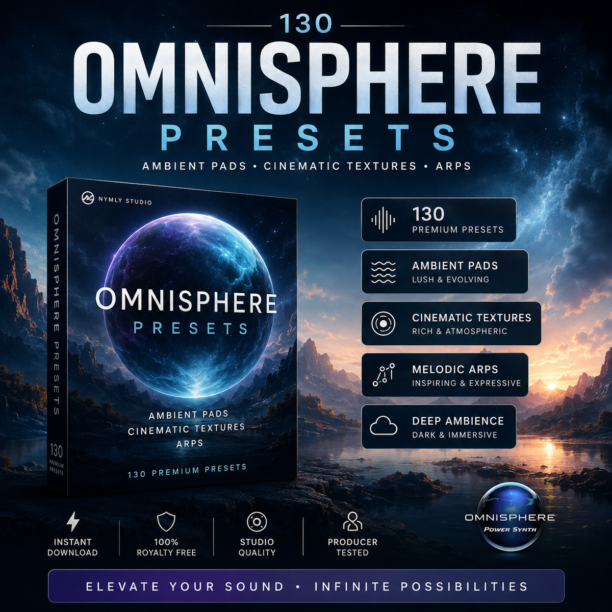 Promotional graphic for 'Omnisphere Presets' by NINYL STUDIO, showing a software product box with a blue planet illustration, feature callouts, and a dark cosmic landscape background.