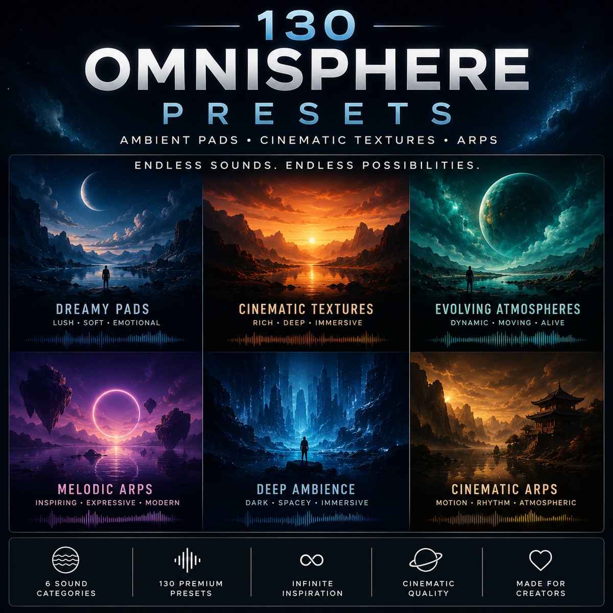 Promotional graphic for a digital preset pack titled '130 OMNISPHERE PRESETS' with six illustrated scene tiles and feature icons along the bottom on a dark cosmic background.