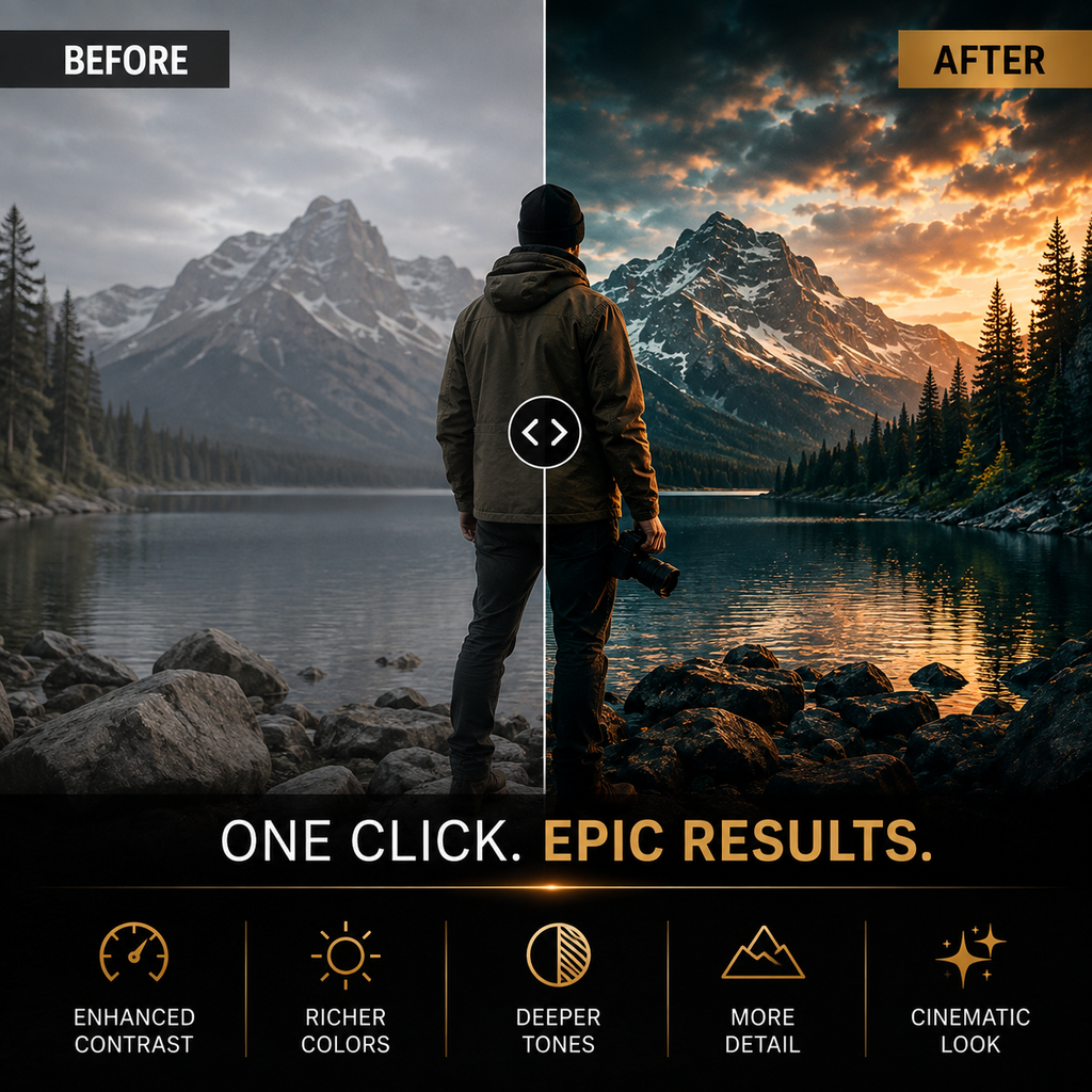 Before-and-after landscape photo editing comparison showing a person standing by a lake with mountains in the background, with text reading 'BEFORE', 'AFTER', 'ONE CLICK. EPIC RESULTS.