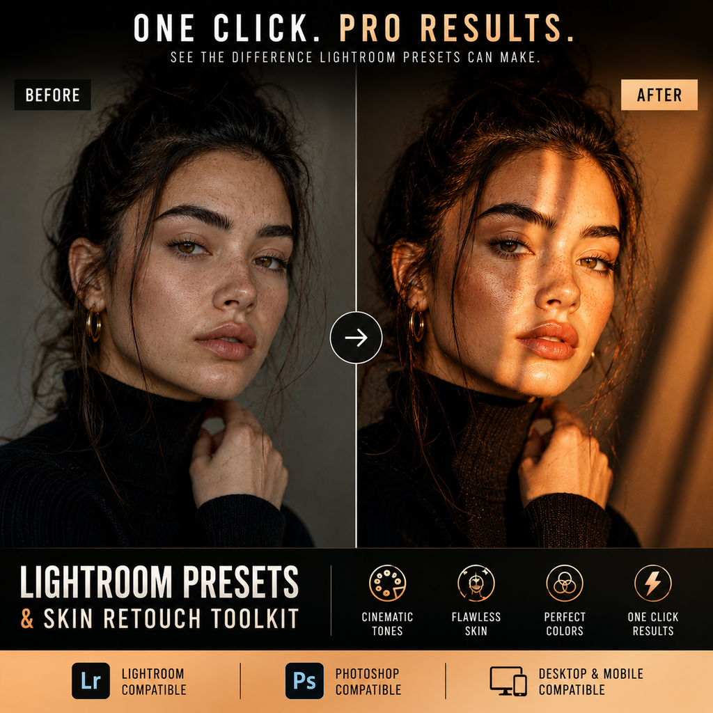 Promotional graphic for a Lightroom presets and skin retouch toolkit, showing a side-by-side before/after portrait comparison with warm skin tones on the right, plus feature icons and compatibility badges.