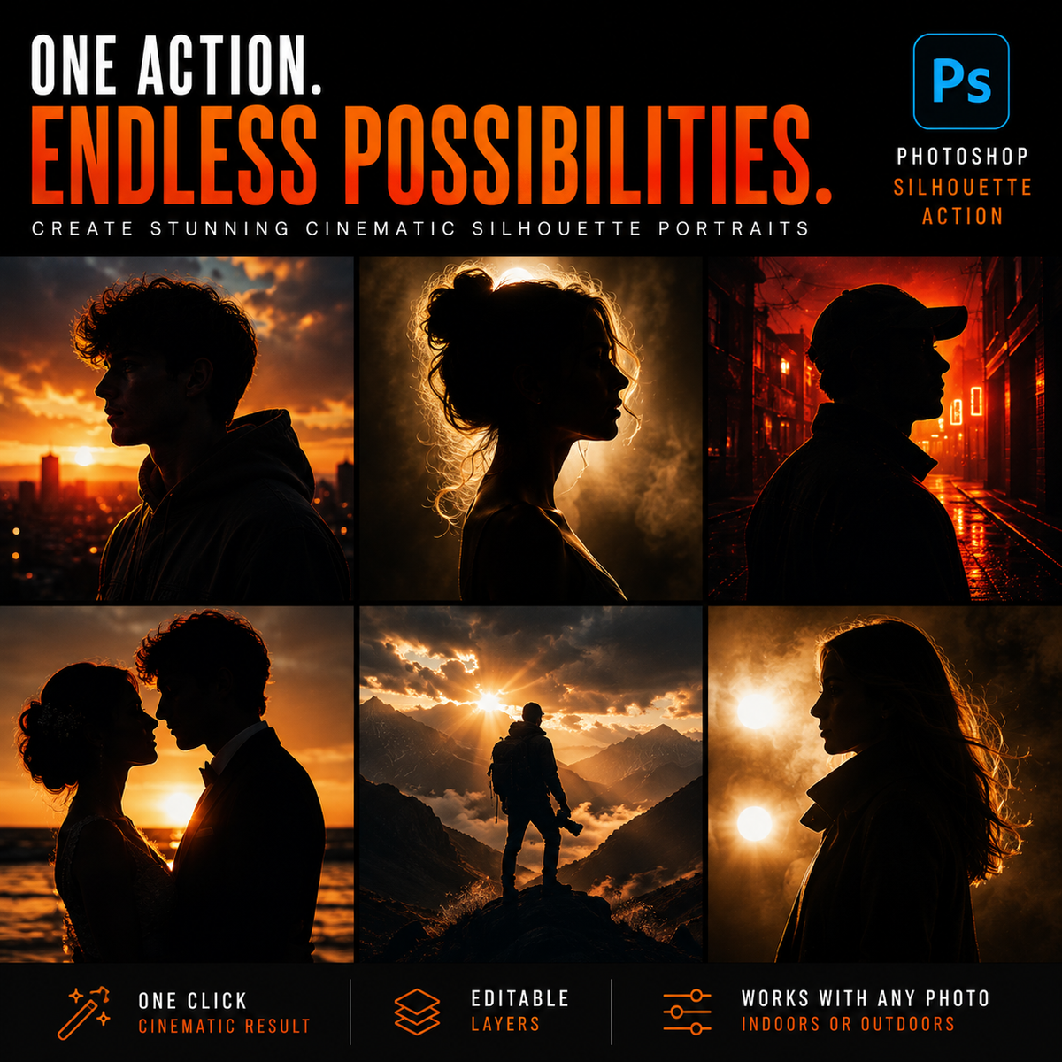 Promotional graphic for a Photoshop silhouette action, with the text 'ONE ACTION. ENDLESS POSSIBILITIES.