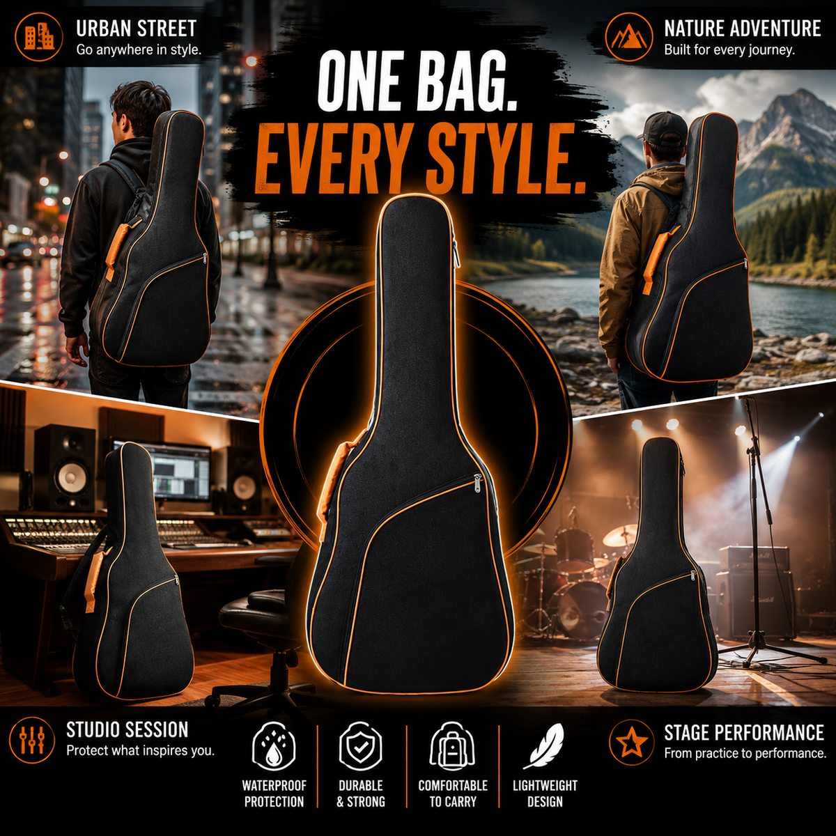 A black guitar-shaped carrying bag with orange piping is centered over a collage of outdoor and studio scenes showing the same bag being carried by people in urban and nature settings. Large text reads 'ONE BAG.
