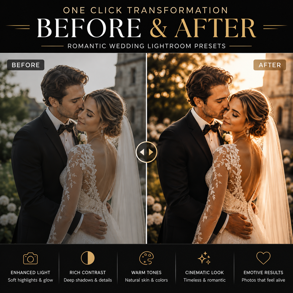 Before and after comparison graphic for romantic wedding lightroom presets, showing a couple embracing in a sunlit outdoor setting with warm golden-hour lighting on the right and softer natural light on the left. Text at the top reads 'One Click Transformation Before & After' and the bottom banner lists features like enhanced light, rich contrast, warm tones, cinematic look, and emotional results.