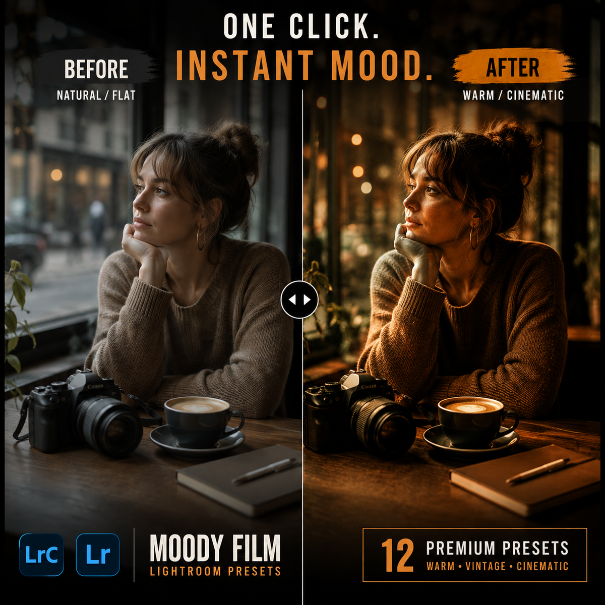 Promotional graphic for Lightroom presets showing a split-screen before/after mood edit on a woman sitting at a table with a camera and coffee cup. Text reads 'ONE CLICK.