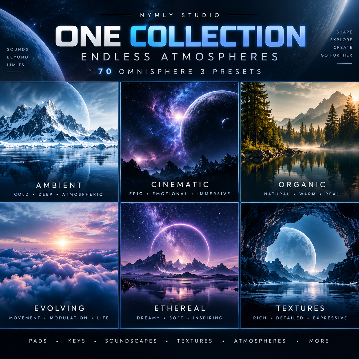 Six atmospheric styles from 70 Omnisphere 3 presets, including cinematic, organic, evolving, ethereal and textured soundscapes.