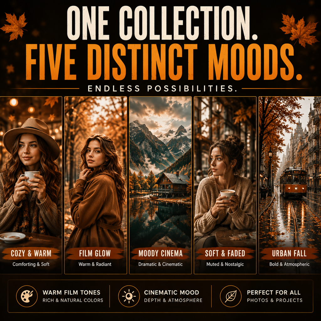 Promotional graphic for a collection of five distinct photo editing moods, featuring four vertical panels with warm-toned lifestyle portraits and scenic imagery under the text 'ONE COLLECTION. FIVE DISTINCT MOODS.