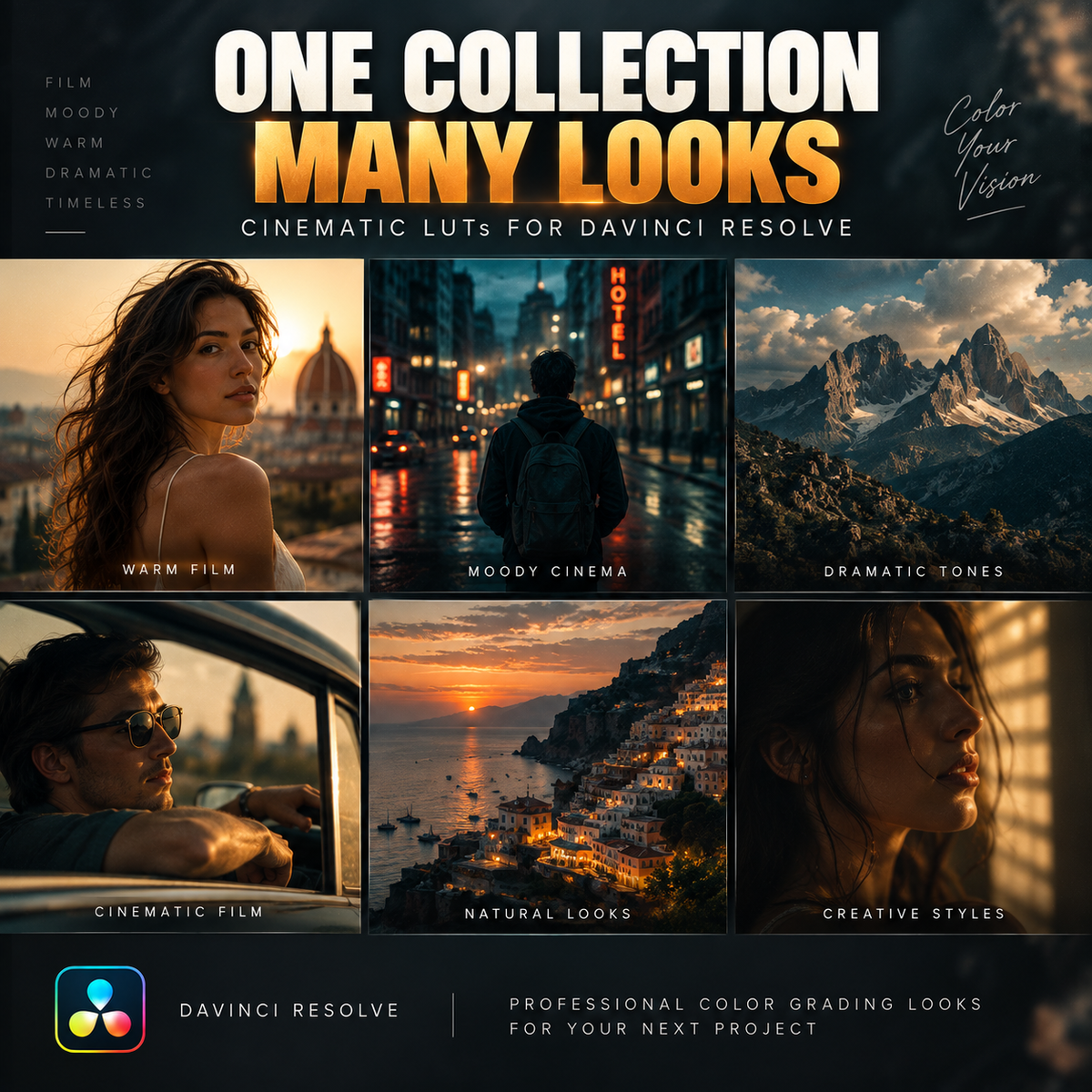 Promotional graphic for Davinci Resolve color grading presets, featuring six cinematic scene thumbnails and bold text reading 'ONE COLLECTION MANY LOOKS' and 'CINEMATIC LUTS FOR DAVINCI RESOLVE.'.