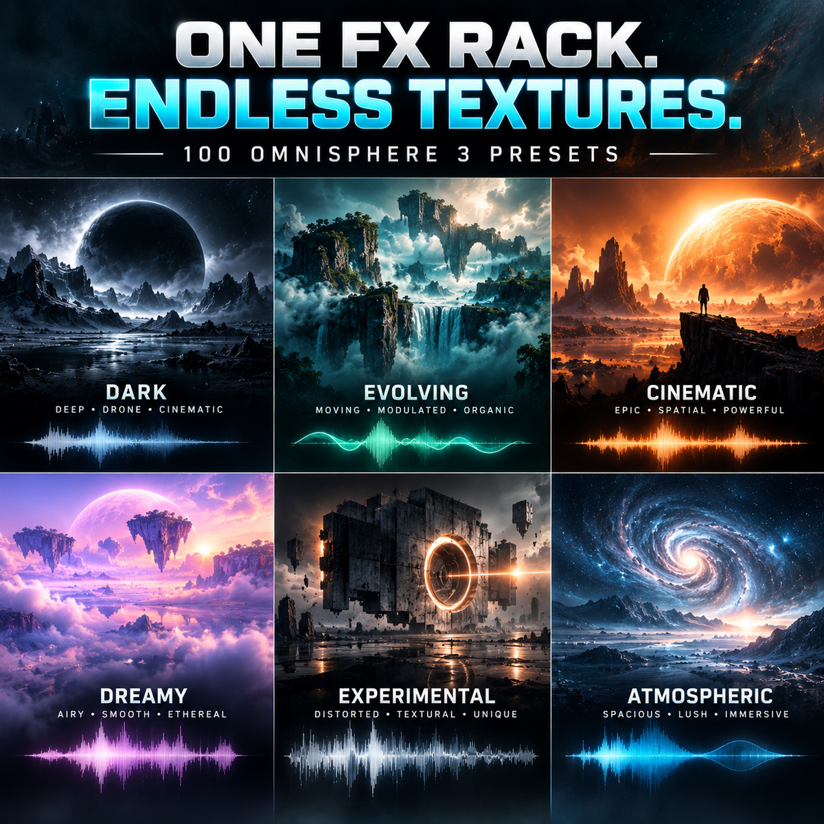 Omnisphere 3 FX Rack presets showing dark, cinematic, dreamy, and experimental ambient effects
