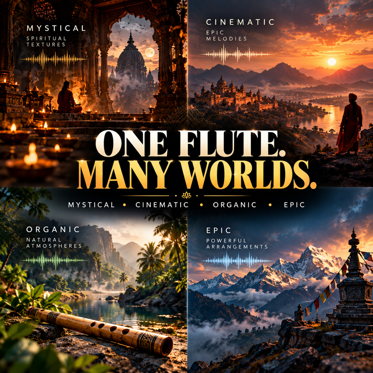 A four-panel promotional graphic for a flute music sample pack, with the central text 'ONE FLUTE. MANY WORLDS.