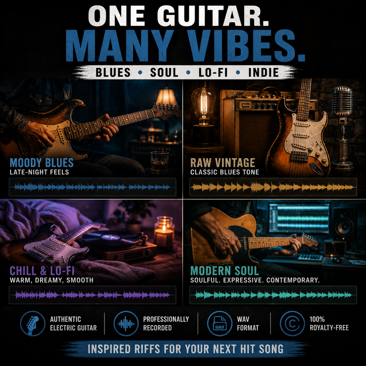 Promotional graphic for a one-guitar sound library titled 'ONE GUITAR. MANY VIBES.