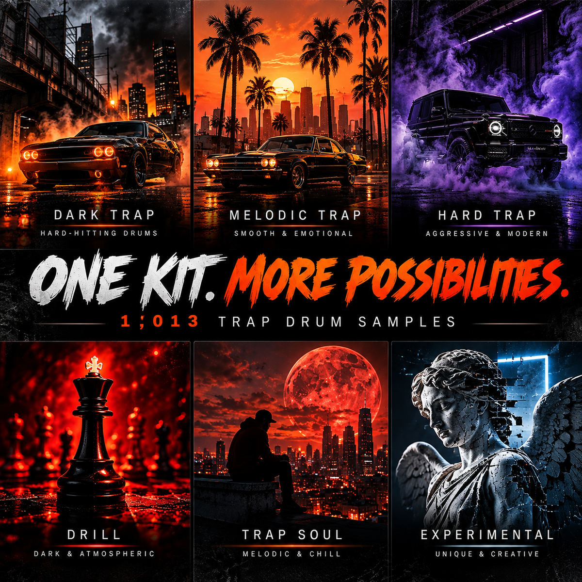 Promotional graphic for a music sample pack titled 'ONE KIT. MORE POSSIBILITIES.