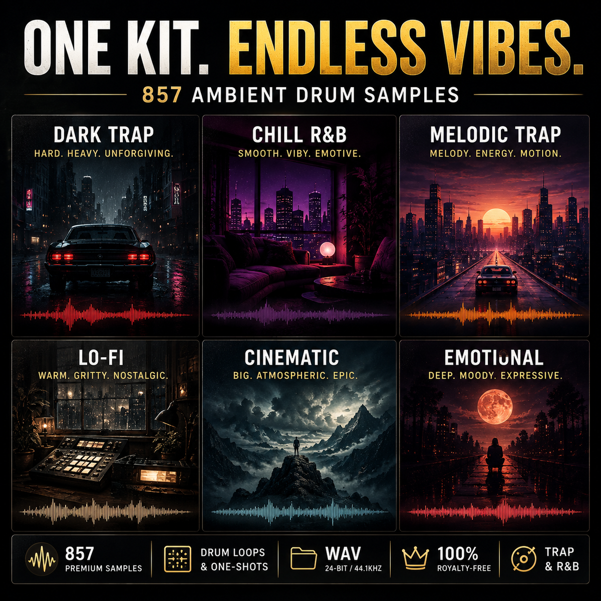 Promotional graphic for a music sample pack titled 'ONE KIT. ENDLESS VIBES.