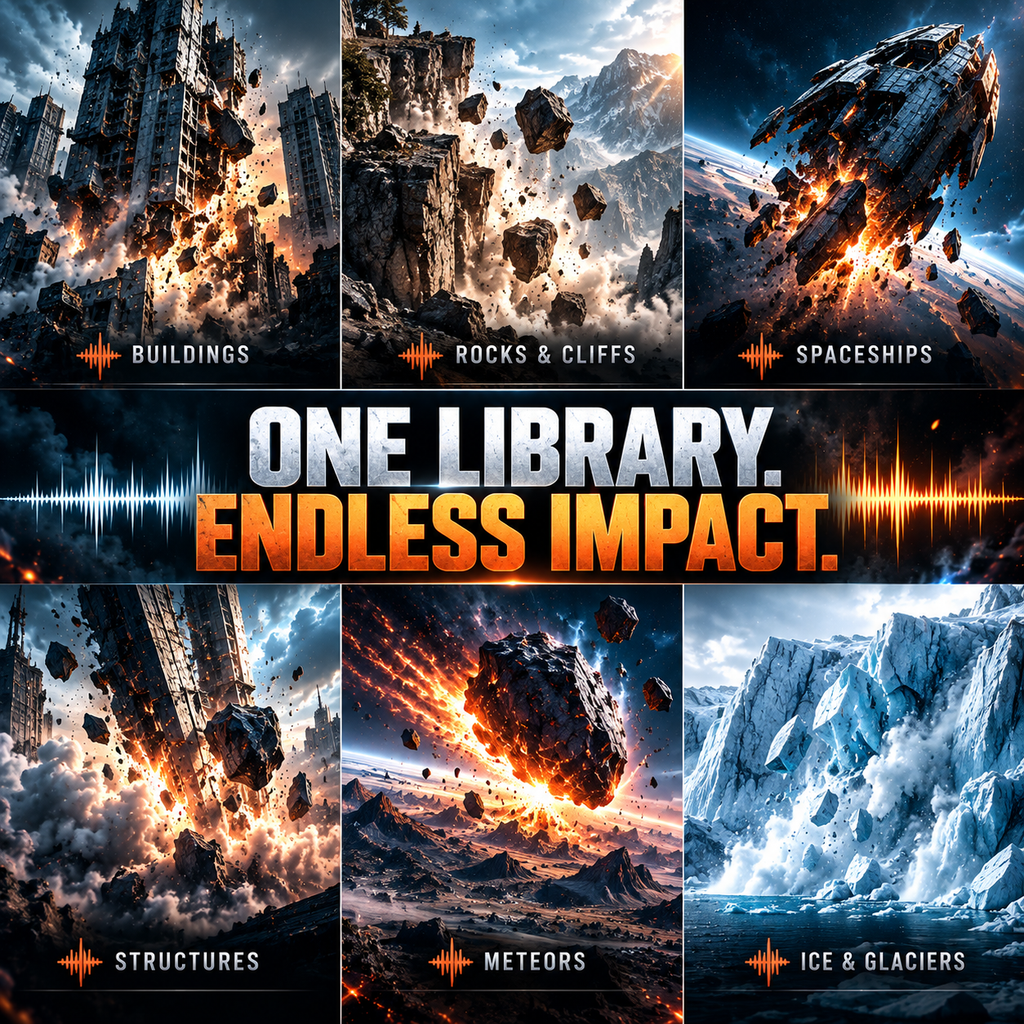 A promotional collage for a digital asset pack featuring six dramatic sci-fi disaster scenes: collapsing buildings, rocks and cliffs, spaceships, structures, meteors, and ice glaciers. Large central text reads 'ONE LIBRARY.