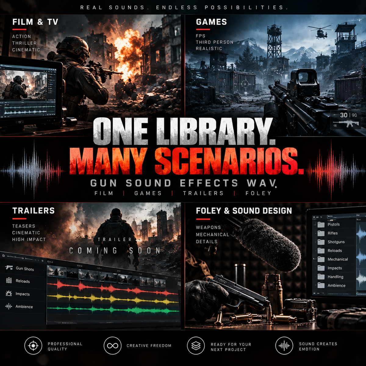 Promotional graphic for a sound effects library titled 'ONE LIBRARY. MANY SCENARIOS.