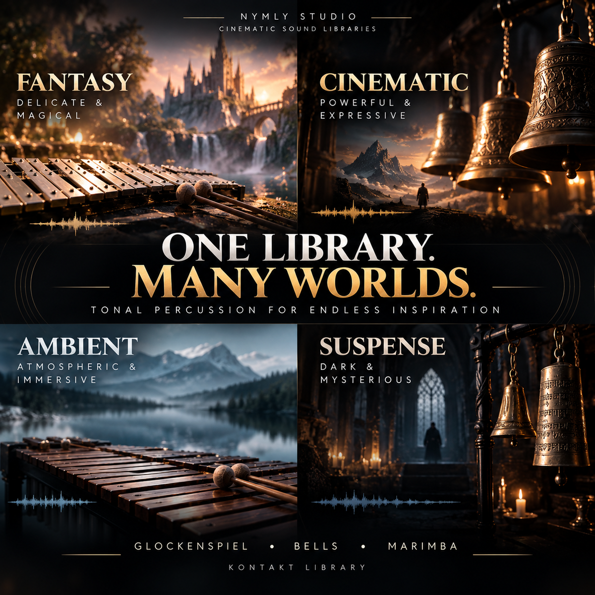 A promotional graphic for a music sample library pack titled 'ONE LIBRARY. MANY WORLDS' by Nymly Studio.