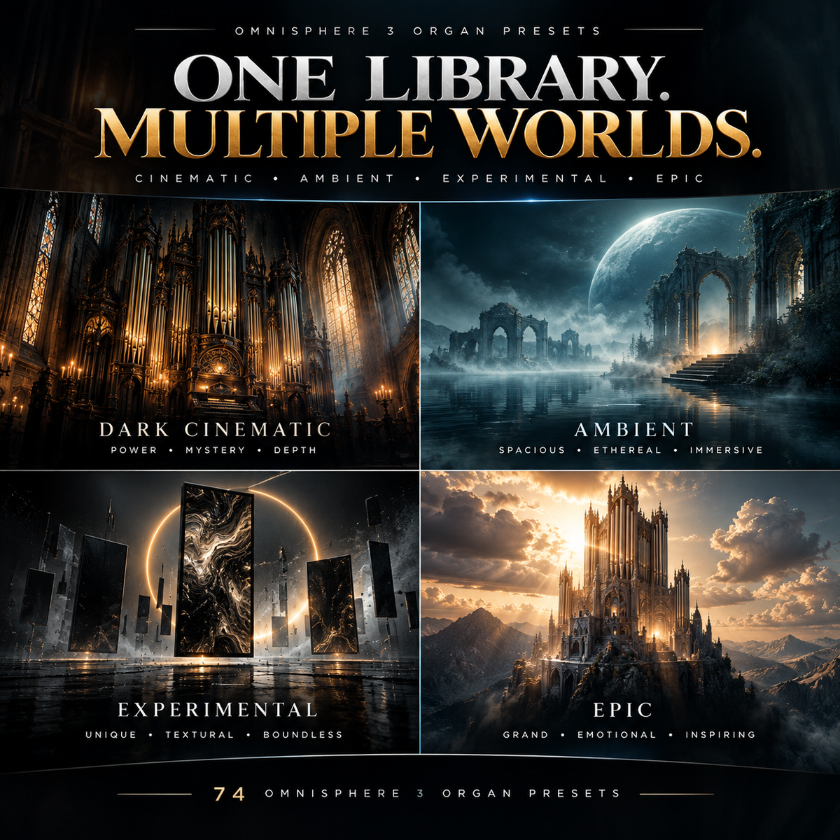 Promotional graphic for Omnisphere 3 Organ Presets showing four scenic artwork panels: a dark cathedral interior, a misty ruins landscape with a large moon, a futuristic city with glowing vertical light bars, and a grand fantasy castle. Large text reads 'ONE LIBRARY.