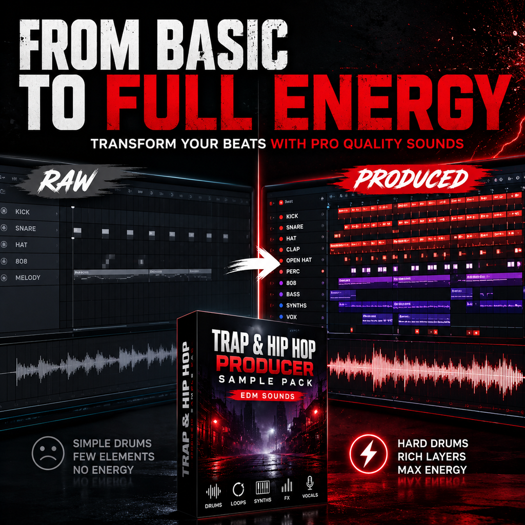 Promotional graphic for a Trap & Hip Hop Producer Sample Pack by KEM Sounds, showing a black product box in the foreground, audio waveform screens, and bold text reading 'FROM BASIC TO FULL ENERGY' with 'RAW' and 'PRODUCED' callouts.