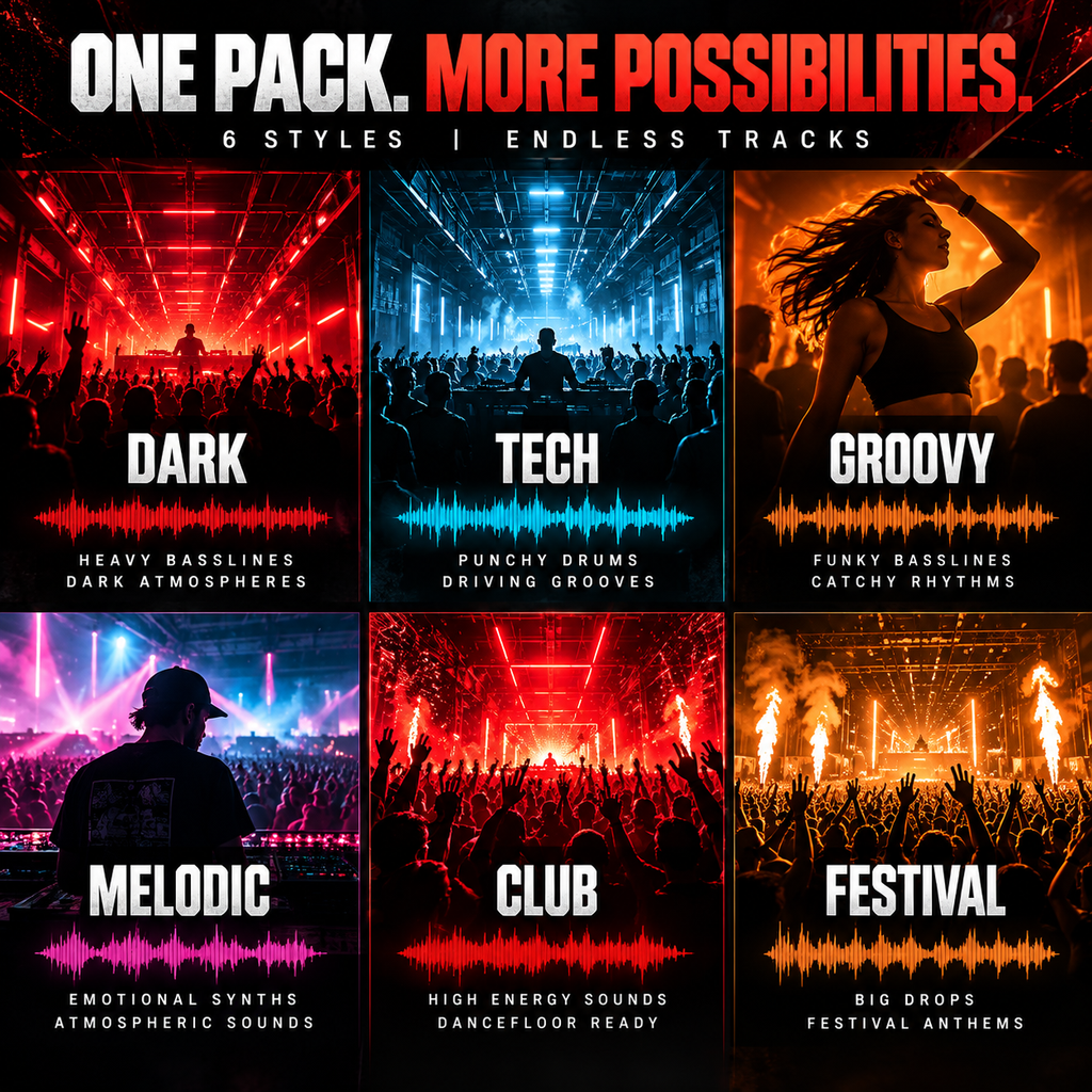 Bass House sample pack showcasing dark, tech, groovy, melodic, club, and festival-inspired electronic music styles.