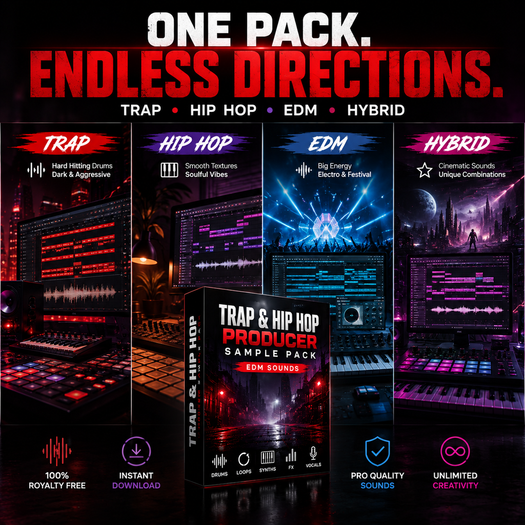 Promotional graphic for a 'Trap & Hip Hop Producer Sample Pack' featuring four columns showcasing different sound genres: Trap, Hip Hop, EDM, and Hybrid. The design uses a dark theme with glowing neon purple, blue, and red graphics, a central software box mockup, and text highlighting features like '100% Royalty Free' and 'Instant Download'.