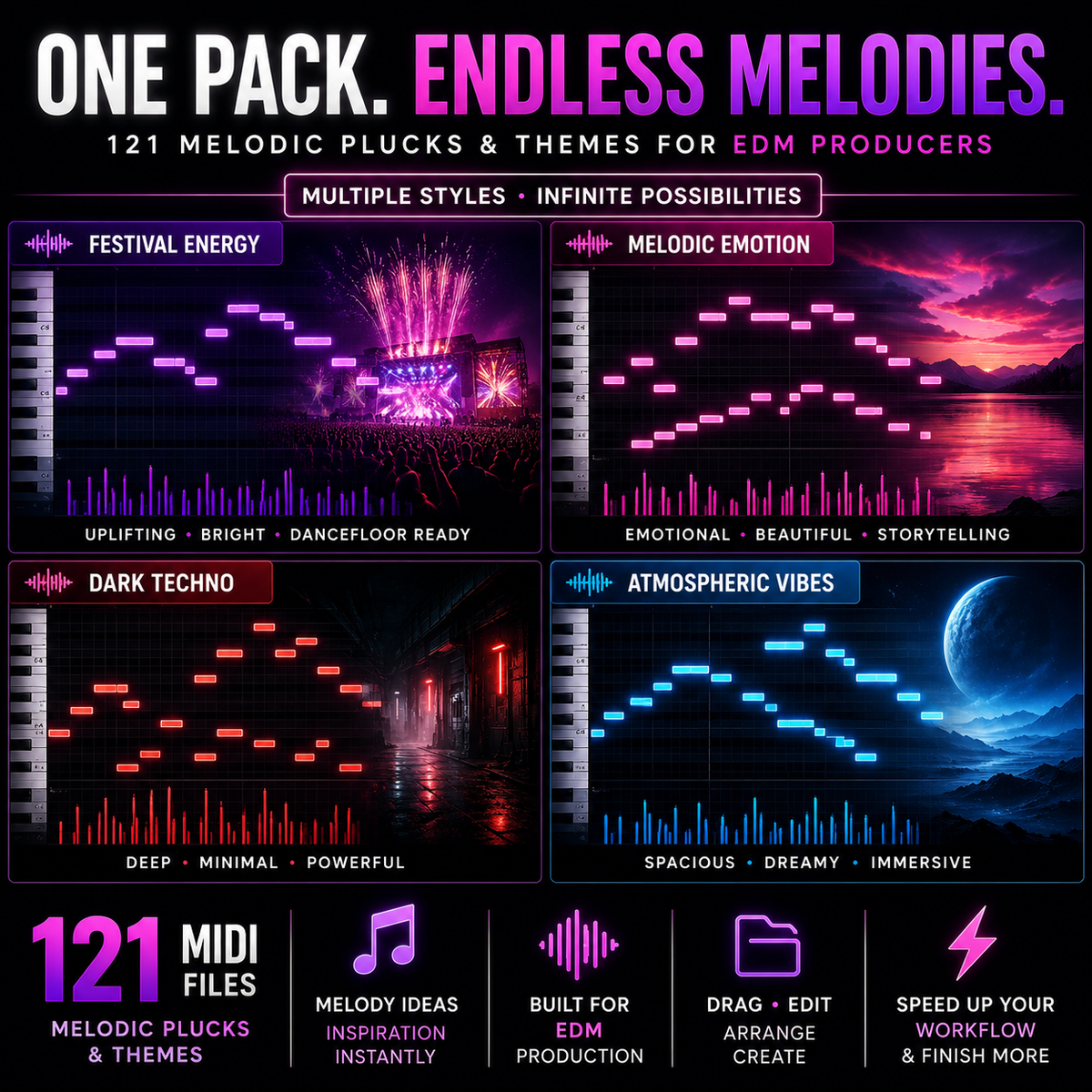 Promotional graphic for a music production pack titled 'ONE PACK. ENDLESS MELODIES.
