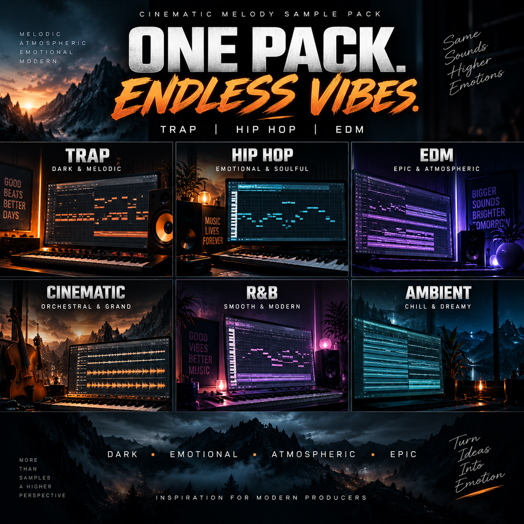 Promotional graphic for a cinematic melody sample pack titled 'ONE PACK. ENDLESS VIBES.