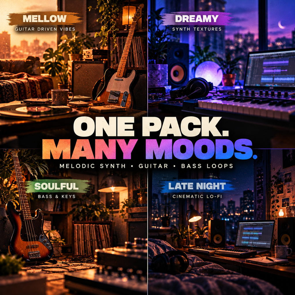 Promotional graphic for a music loop pack titled 'ONE PACK. MANY MOODS.