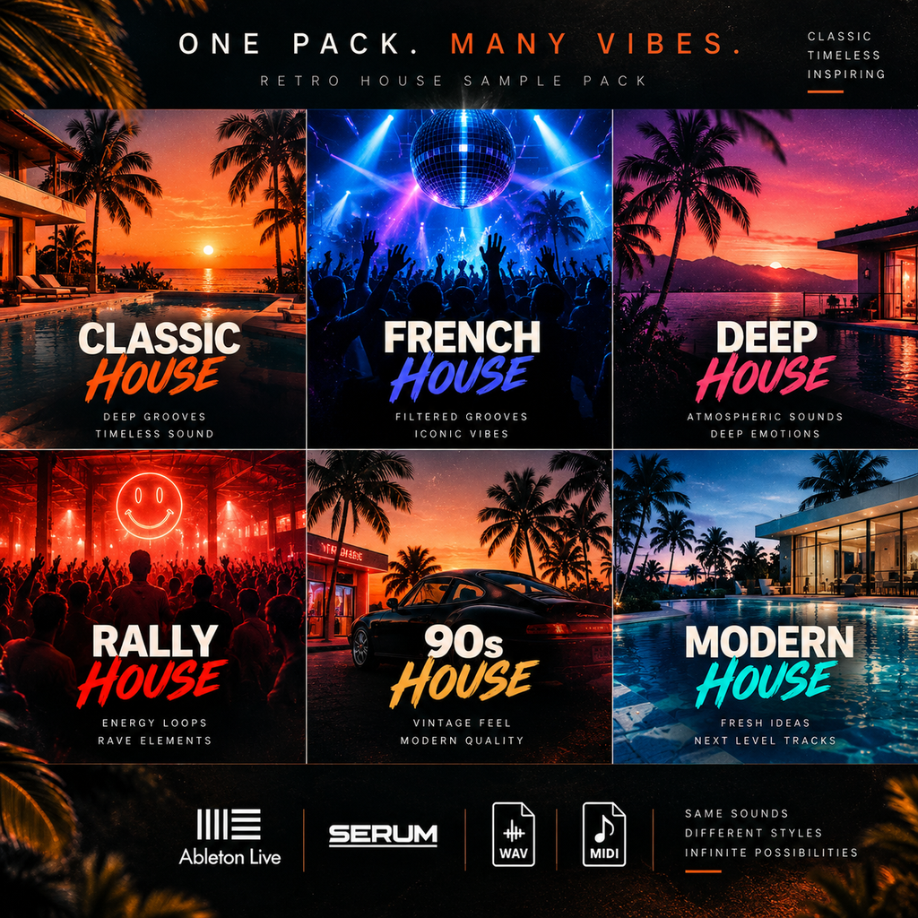 Promotional graphic for a retro house music sample pack, showing six album-cover style panels labeled Classic House, French House, Deep House, Rally House, 90s House, and Modern House, with sunset scenes, crowds, cars, and poolside imagery. Text at the top reads 'ONE PACK.