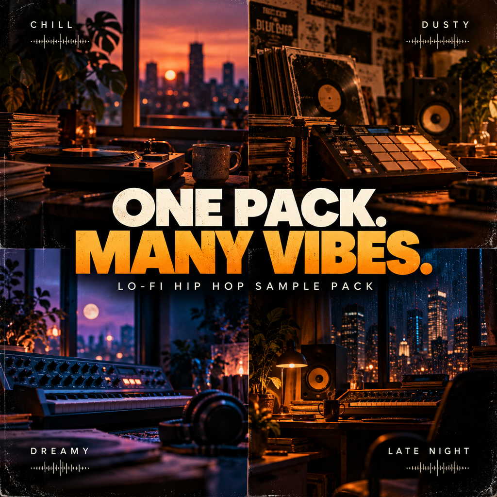 Promotional graphic for a Lo-Fi Hip Hop sample pack titled 'ONE PACK. MANY VIBES.