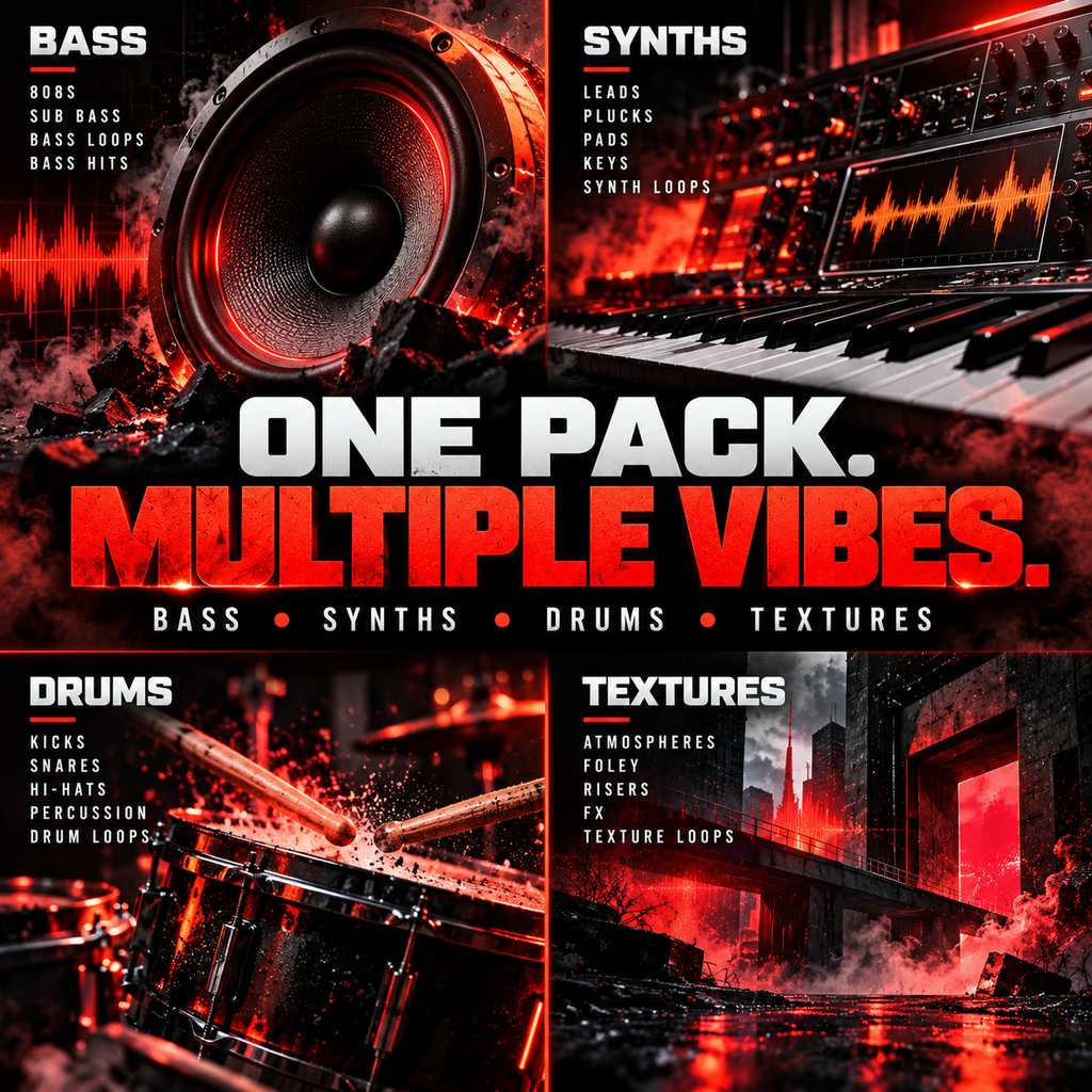 A promotional collage for a music production sound pack, featuring four dark red and black panels with a speaker, keyboard, drums, and city textures. Large text reads 'ONE PACK.