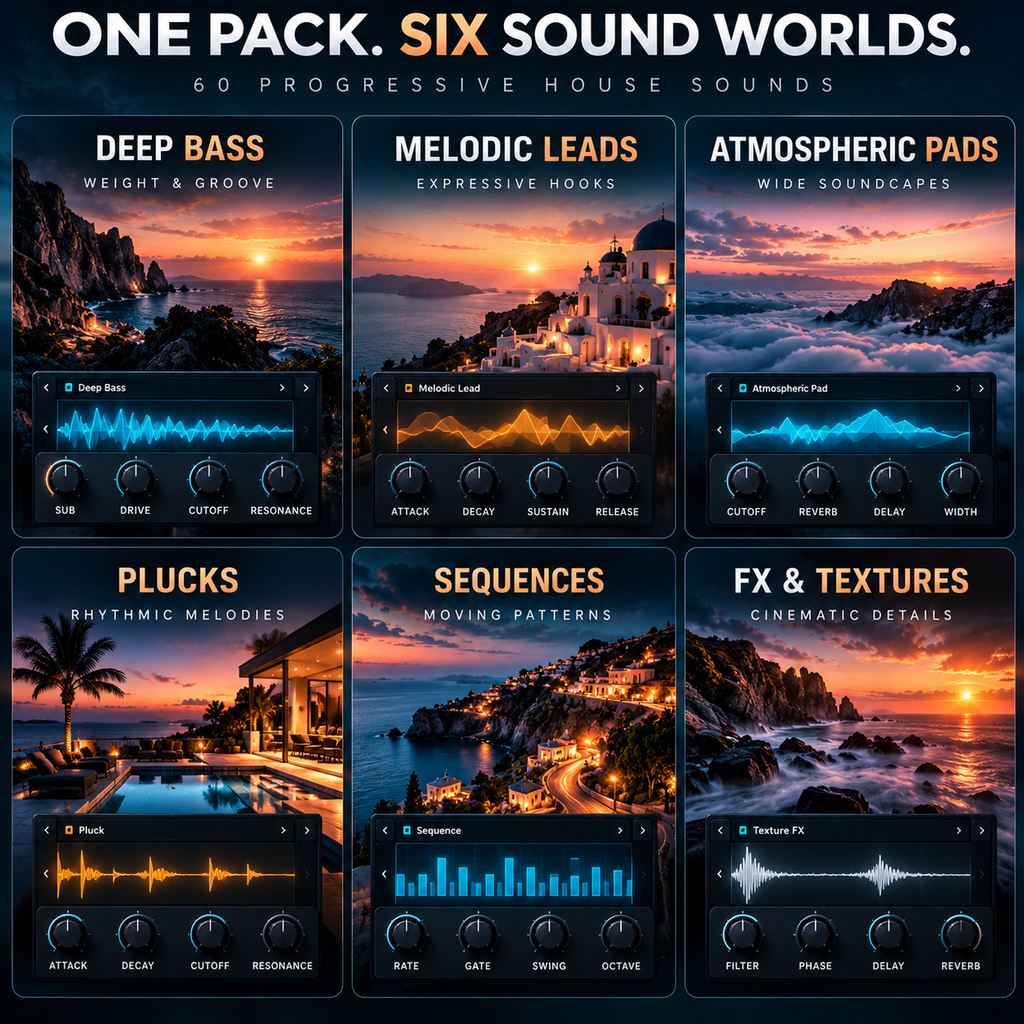 Melodic House Serum 2 presets featuring deep bass, melodic leads, atmospheric pads, plucks, sequences, and cinematic FX.