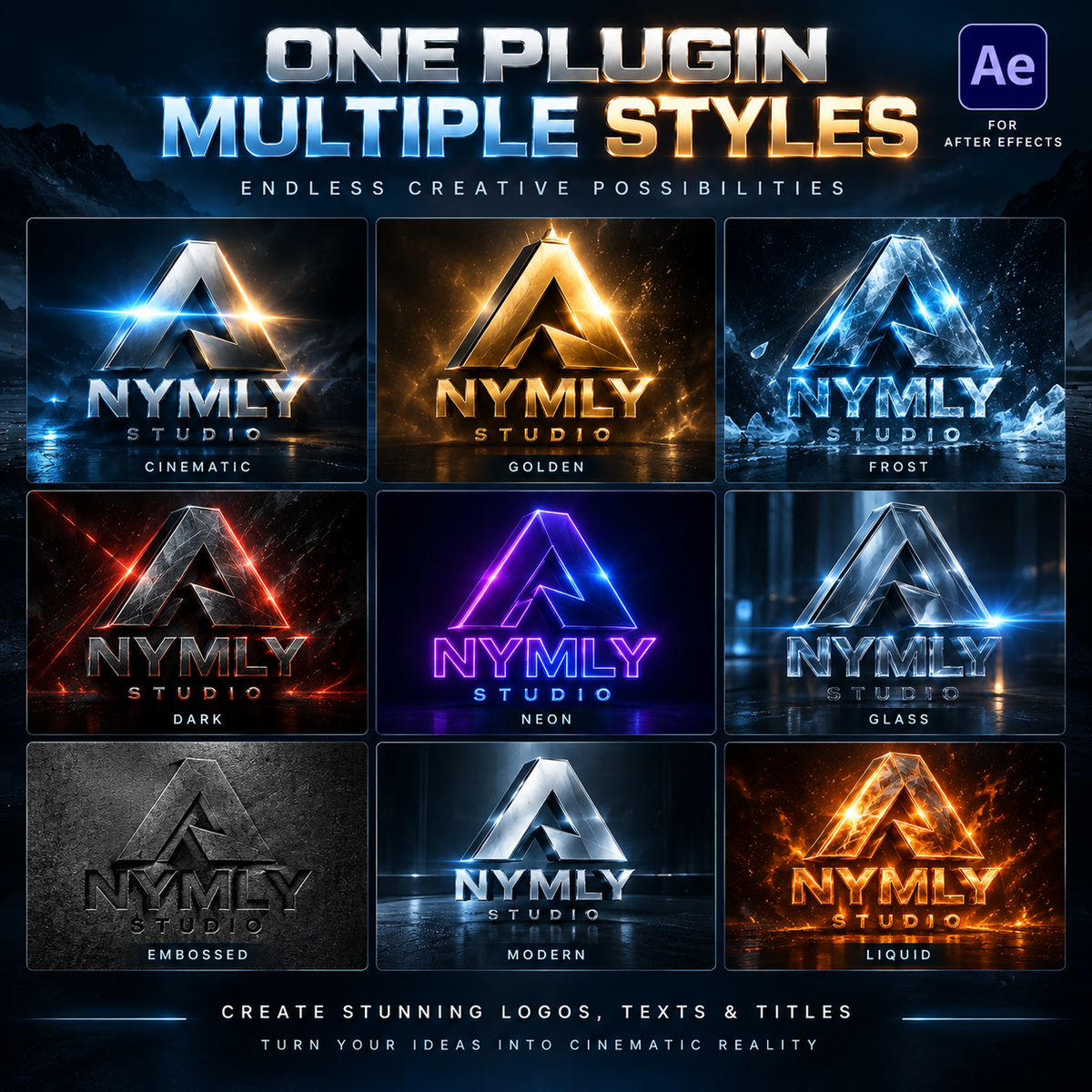 Promotional graphic for a digital logo design plugin showing a 3x3 grid of different logo style presets labeled NYMLY STUDIO, with text reading ONE PLUGIN MULTIPLE STYLES and Adobe After Effects compatibility.