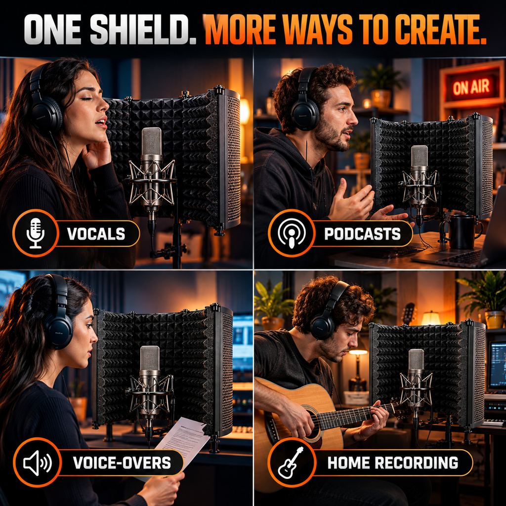 A four-panel promotional graphic for a recording studio setup. The top text reads 'ONE SHIELD.